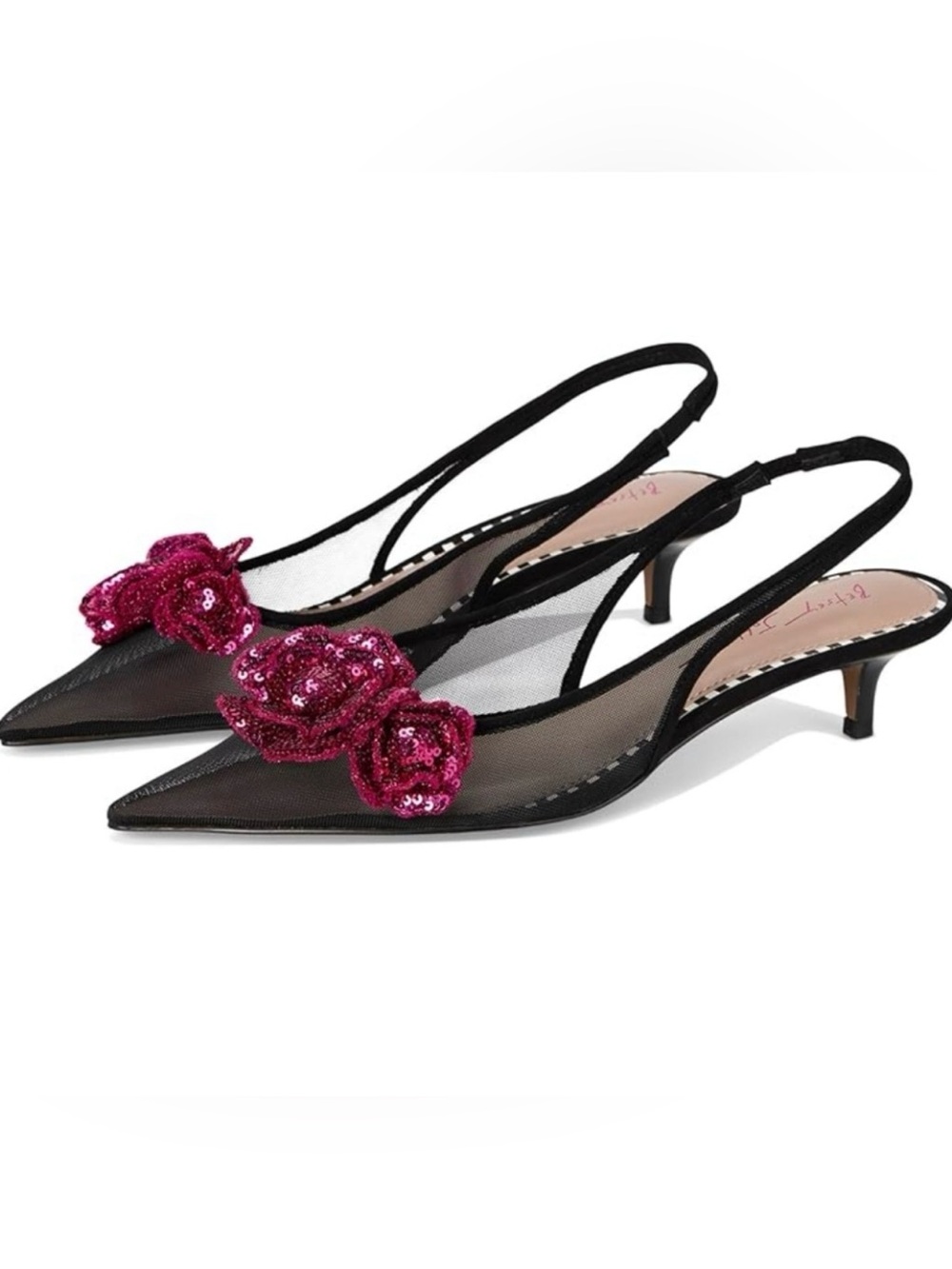etsey Johnson Aurora Black Mesh Sequin Rose Slingback Heels – US 8M